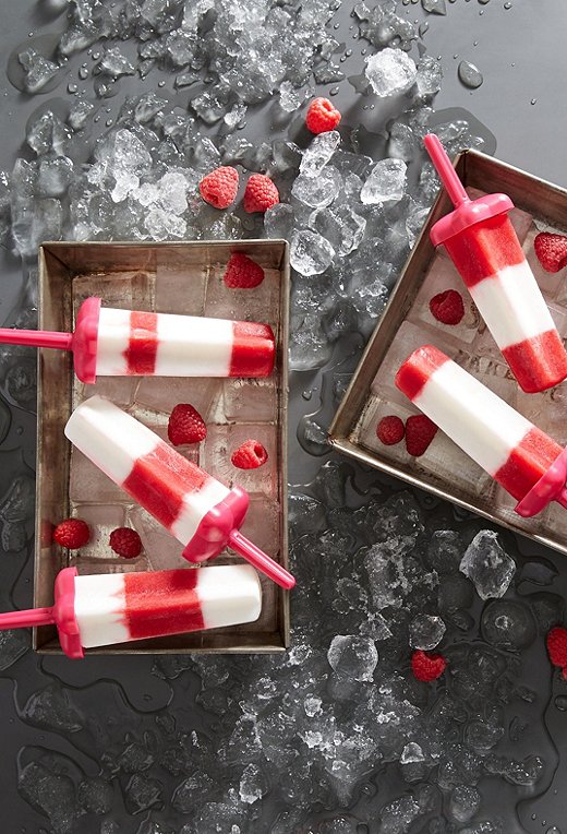 While we love them, ice pops are a bit unwieldy to serve and even worse they melt. Our solution? Serve them on a bed of square ice cubes. We set our cubes in vintage baking pans so that the liquid stays contained as the ice melts.
